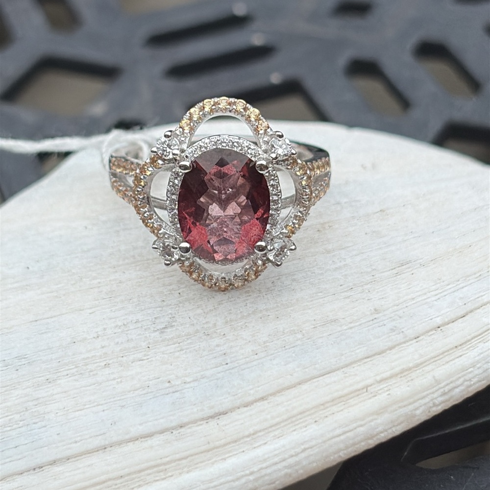 3.30tcw Salmon Topaz Yellow Sapphire Lab Diamond Ring Sterling Silver Size 7 - Picture 16 of 16